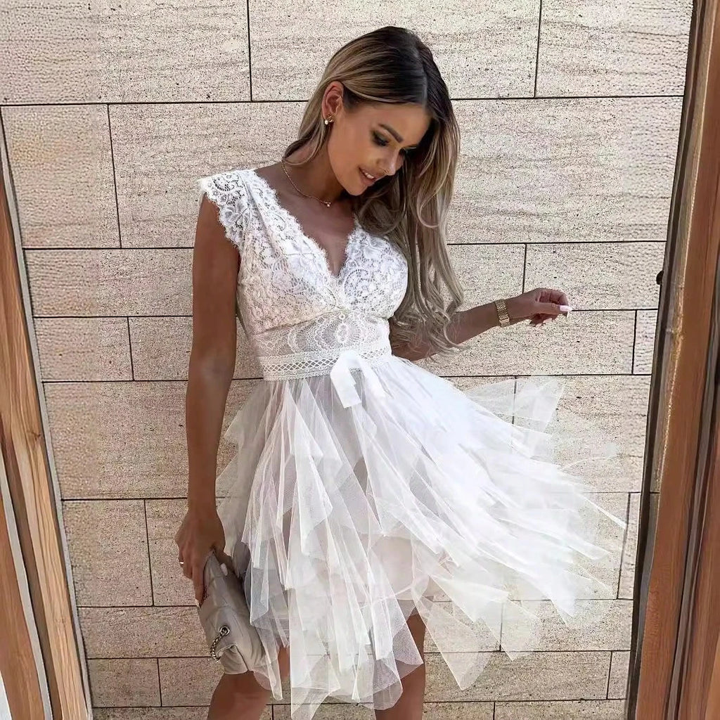 KZKZWK Lace & Tulle Tiered Mini Dress, V-Neck Sleeveless With Bow Detail, Elegant Party & Cocktail Dress - image 3