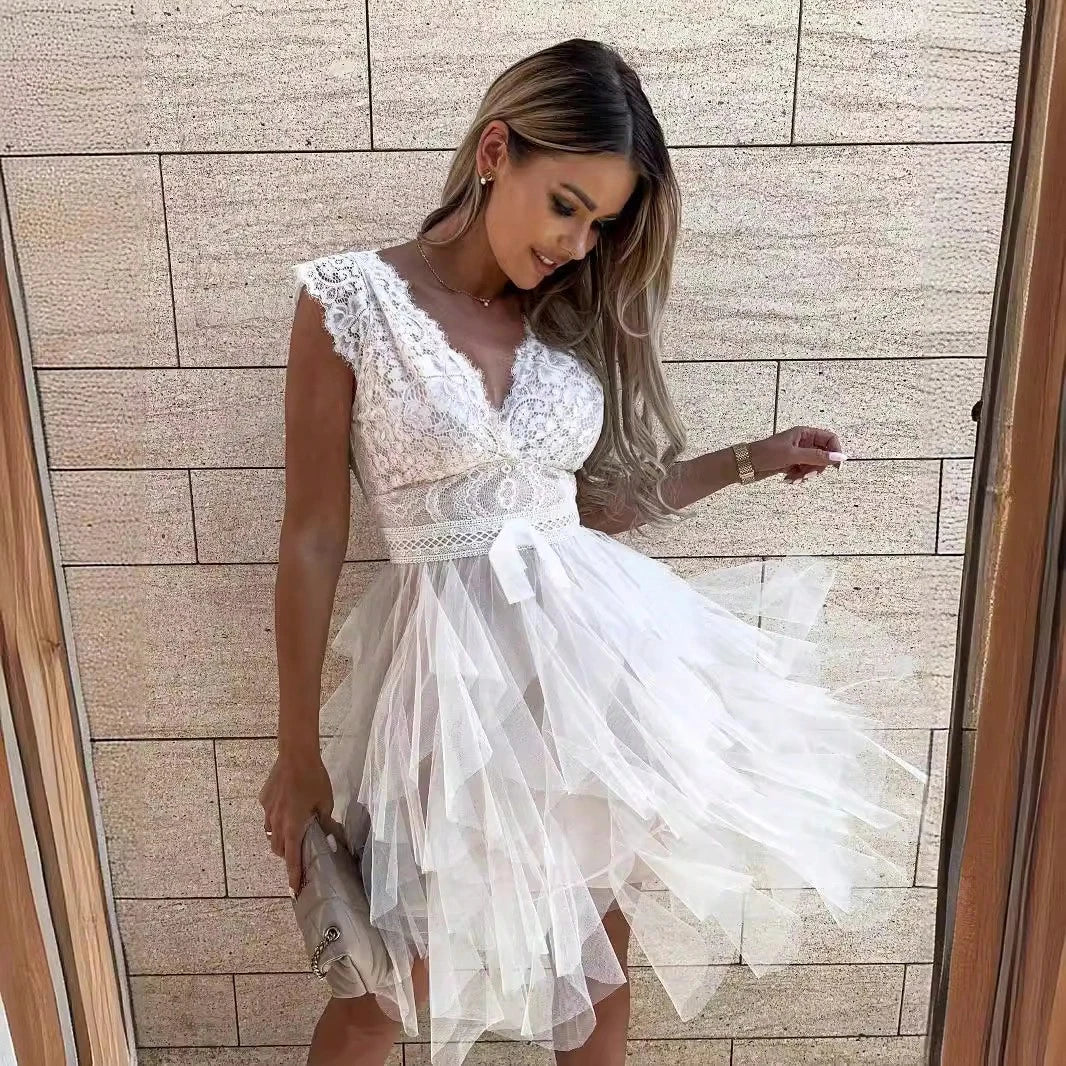 KZKZWK Lace & Tulle Tiered Mini Dress, V-Neck Sleeveless With Bow Detail, Elegant Party & Cocktail Dress - image 3