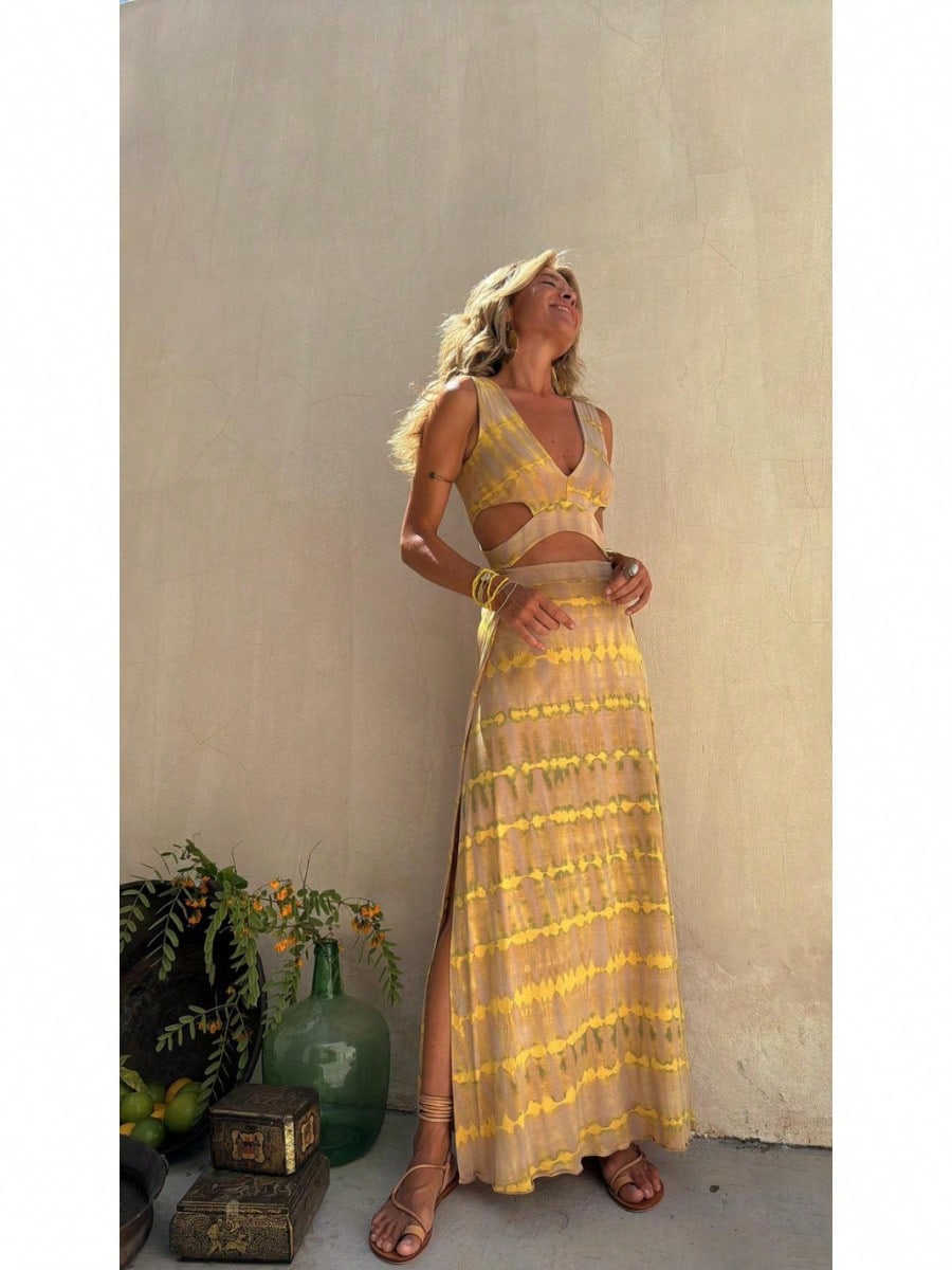 KZKZWK Tie-Dye Cutout Maxi Dress, Sleeveless V-Neck With Side Slit,