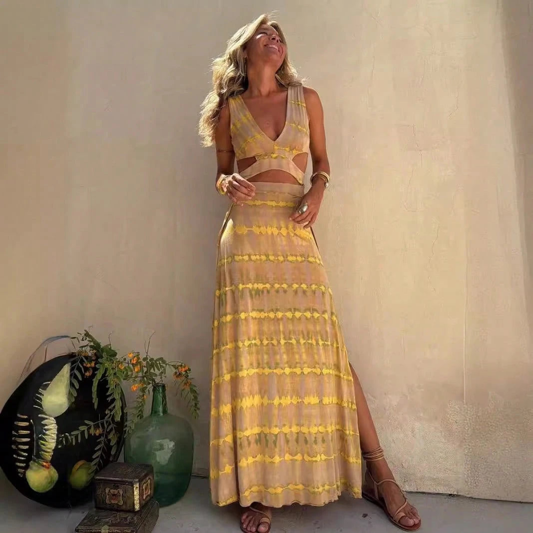 KZKZWK Tie-Dye Cutout Maxi Dress, Sleeveless V-Neck With Side Slit,