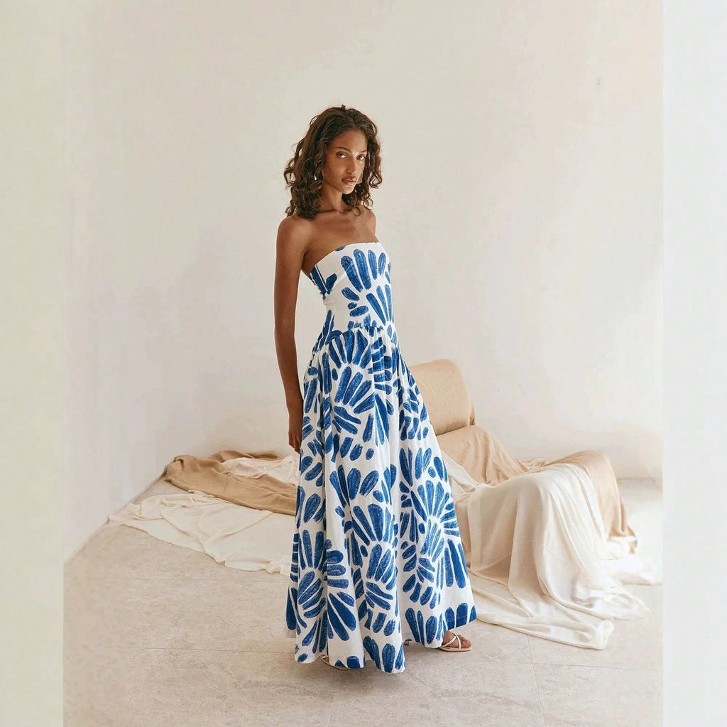 KZKZWK Abstract Brushstroke Print Strapless Maxi Dress, White & Blue A-Line Vacation Sundress - image 3