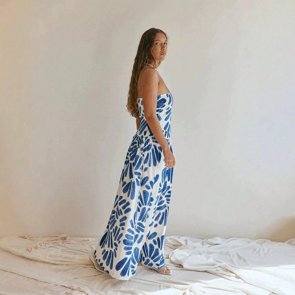 KZKZWK Abstract Brushstroke Print Strapless Maxi Dress, White & Blue A-Line Vacation Sundress - image 5
