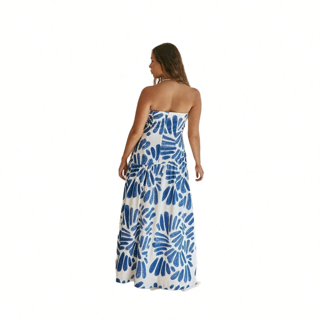 KZKZWK Abstract Brushstroke Print Strapless Maxi Dress, White & Blue A-Line Vacation Sundress - image 6