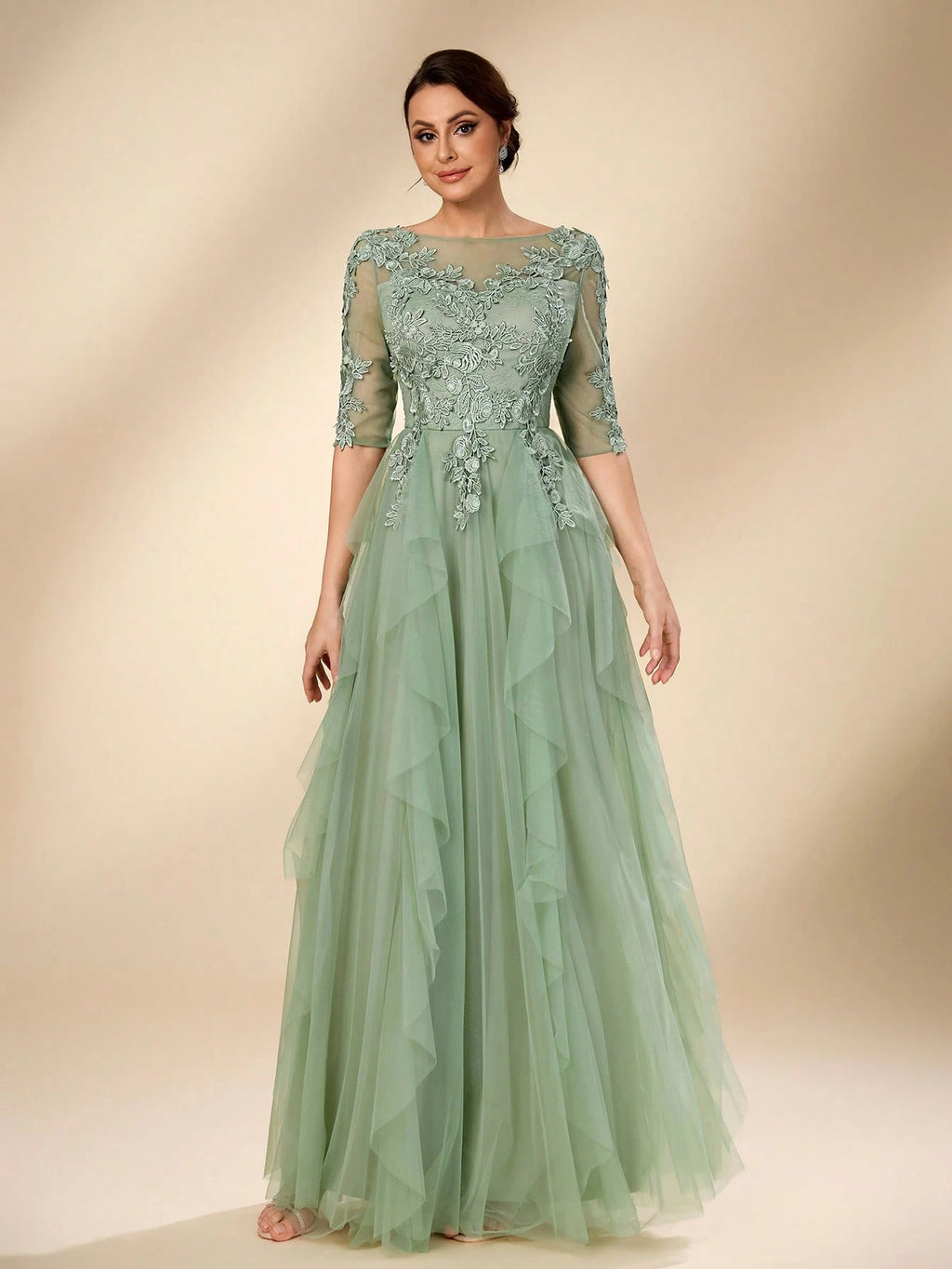 Serin Women's Elegant Sage Green Summer Wedding Dress, Formal Round Neck 3/4 Sleeve Lace Mesh Asymmetric - image 2