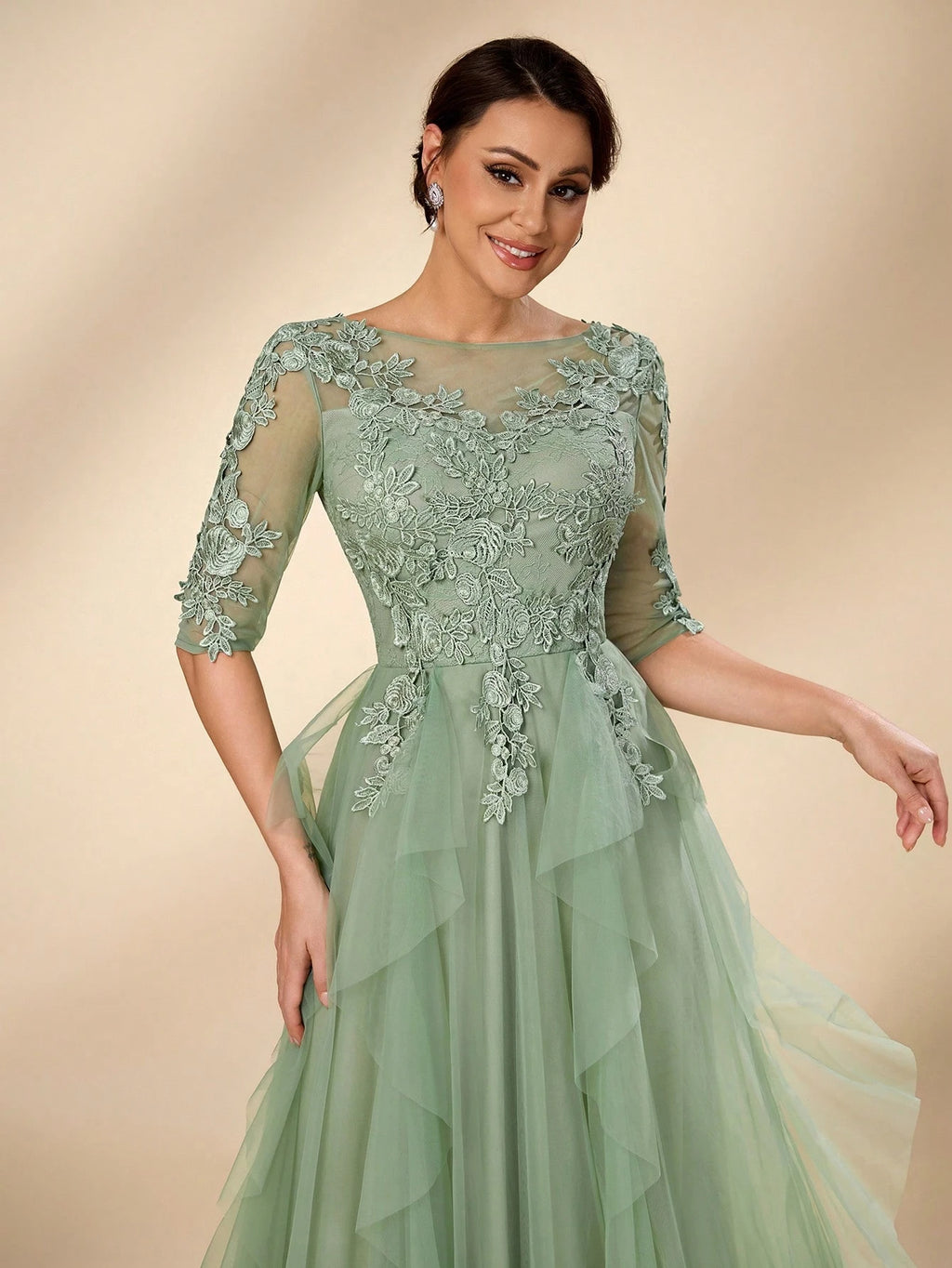 Serin Women's Elegant Sage Green Summer Wedding Dress, Formal Round Neck 3/4 Sleeve Lace Mesh Asymmetric - image 3