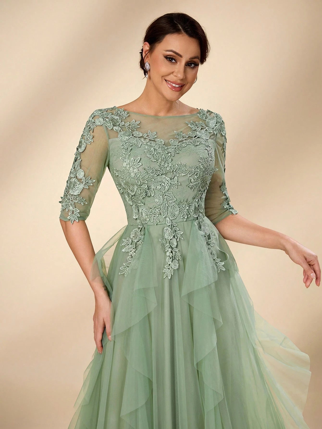 Serin Women's Elegant Sage Green Summer Wedding Dress, Formal Round Neck 3/4 Sleeve Lace Mesh Asymmetric - image 3