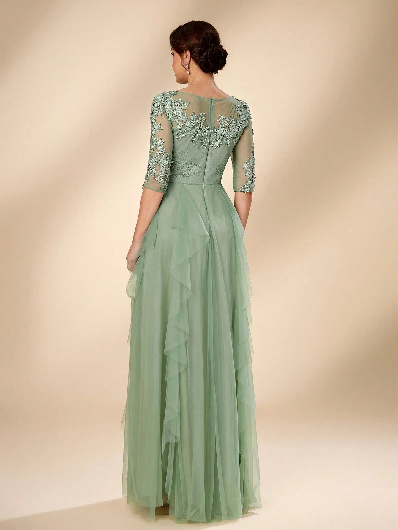 Serin Women's Elegant Sage Green Summer Wedding Dress, Formal Round Neck 3/4 Sleeve Lace Mesh Asymmetric - image 4
