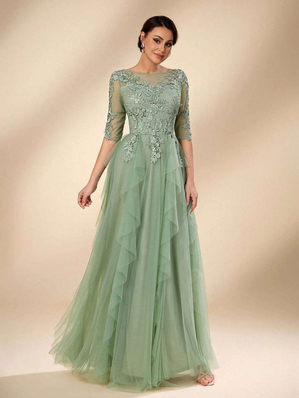Serin Women's Elegant Sage Green Summer Wedding Dress, Formal Round Neck 3/4 Sleeve Lace Mesh Asymmetric - image 5