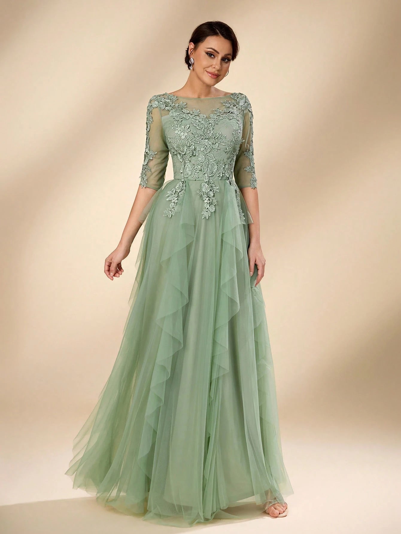 Serin Women's Elegant Sage Green Summer Wedding Dress, Formal Round Neck 3/4 Sleeve Lace Mesh Asymmetric - image 5