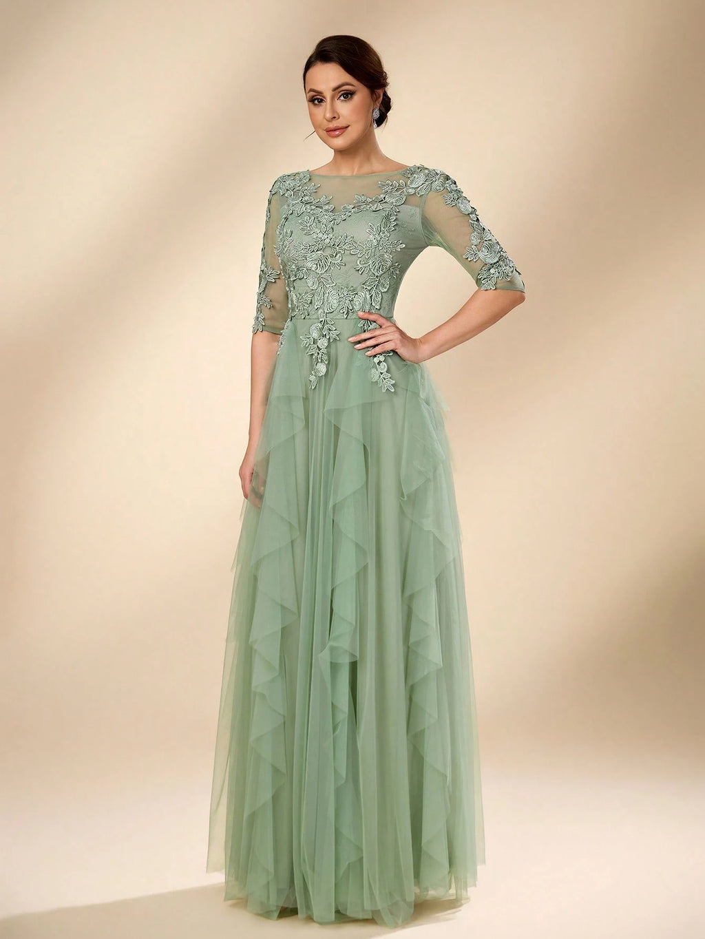 Serin Women's Elegant Sage Green Summer Wedding Dress, Formal Round Neck 3/4 Sleeve Lace Mesh Asymmetric - image 6
