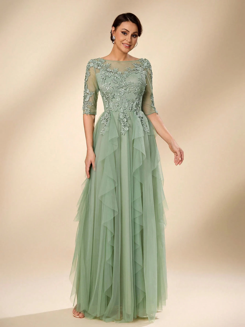 Serin Women's Elegant Sage Green Summer Wedding Dress, Formal Round Neck 3/4 Sleeve Lace Mesh Asymmetric - image 7