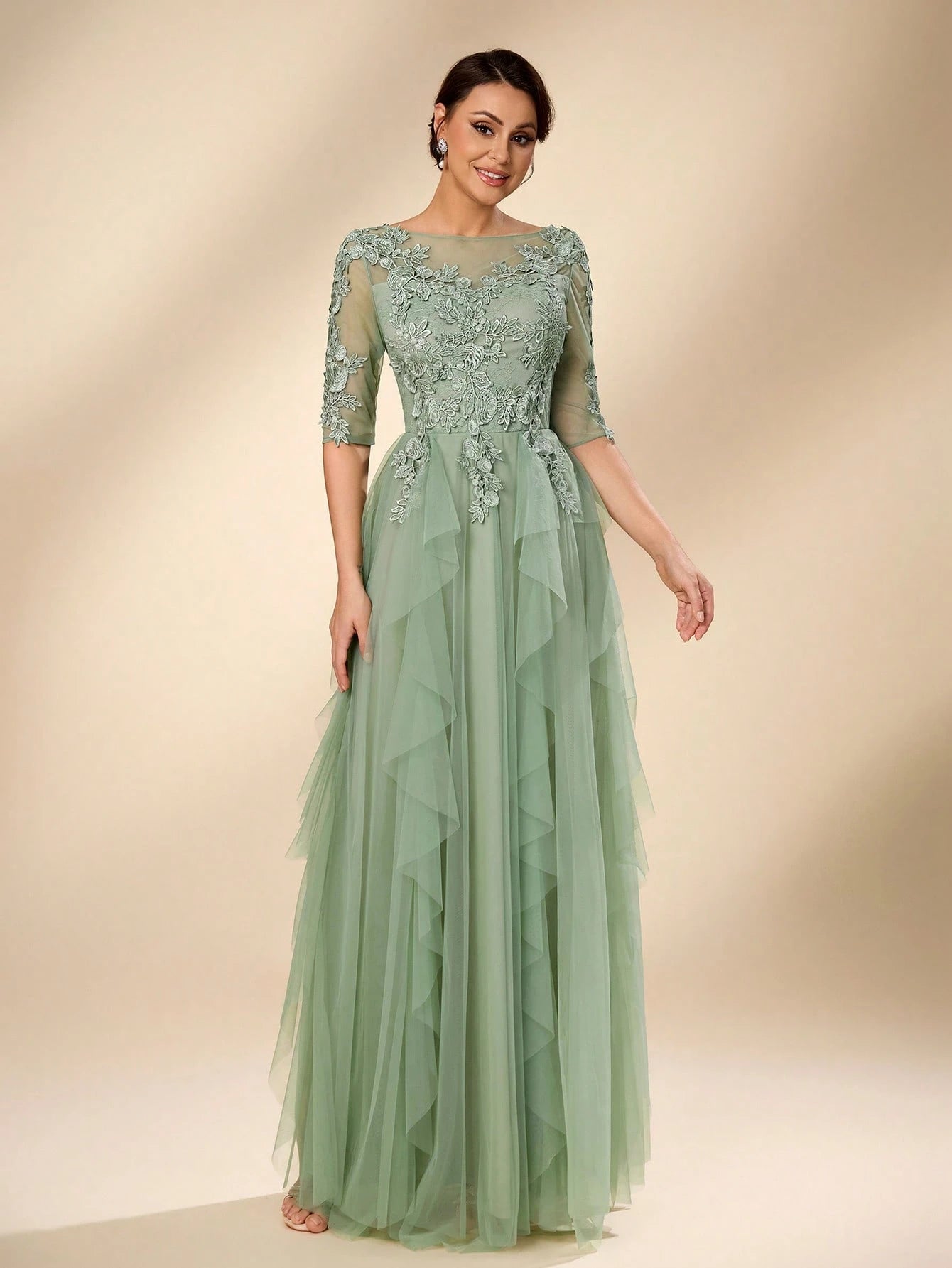 Serin Women's Elegant Sage Green Summer Wedding Dress, Formal Round Neck 3/4 Sleeve Lace Mesh Asymmetric - image 7