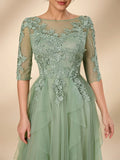 Serin Women's Elegant Sage Green Summer Wedding Dress, Formal Round Neck 3/4 Sleeve Lace Mesh Asymmetric