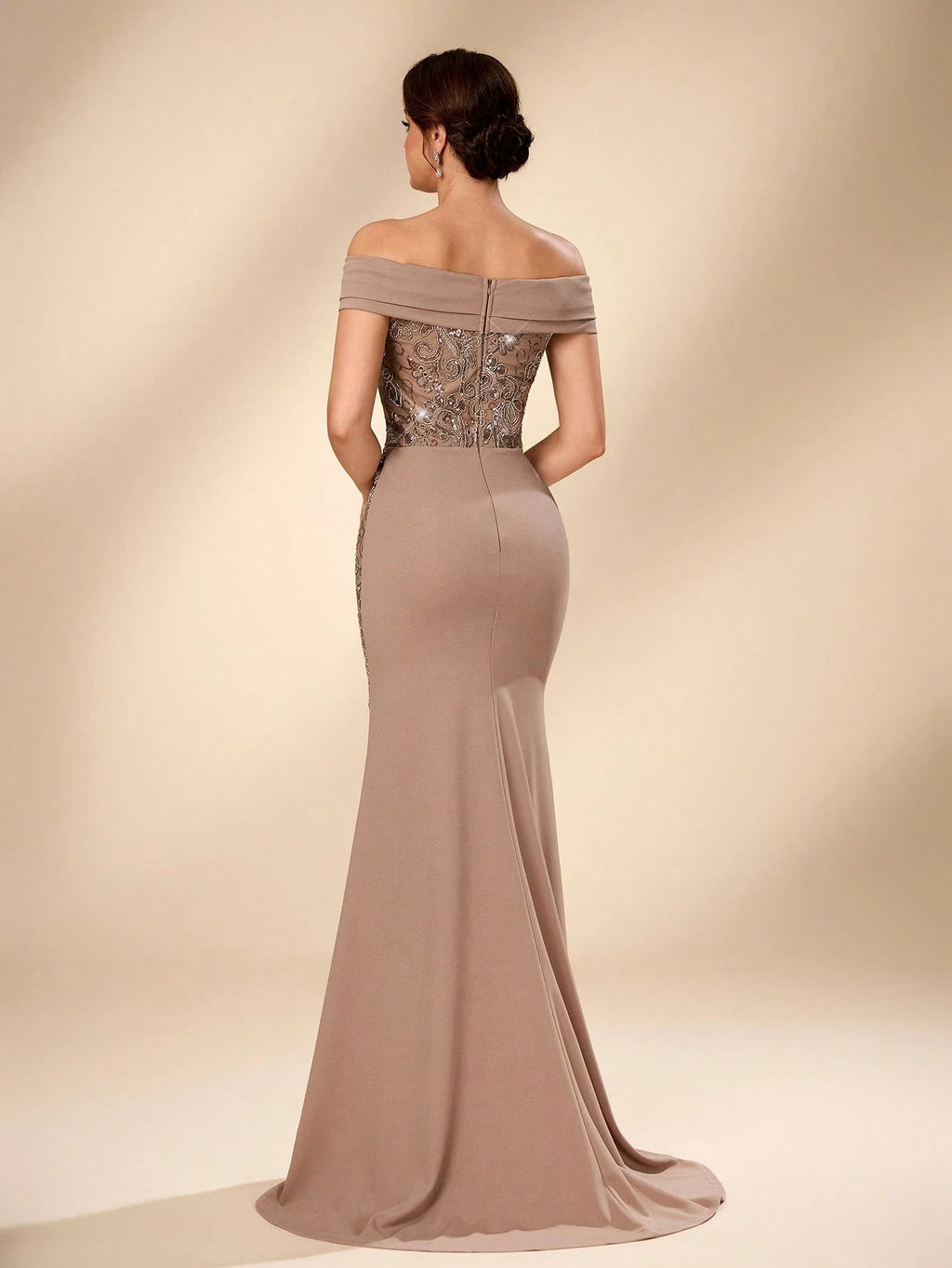 Serin Plus Size Elegant Winter Mocha Formal Evening Wedding Dress,Luxurious Beaded Embroidery Satin - image 4
