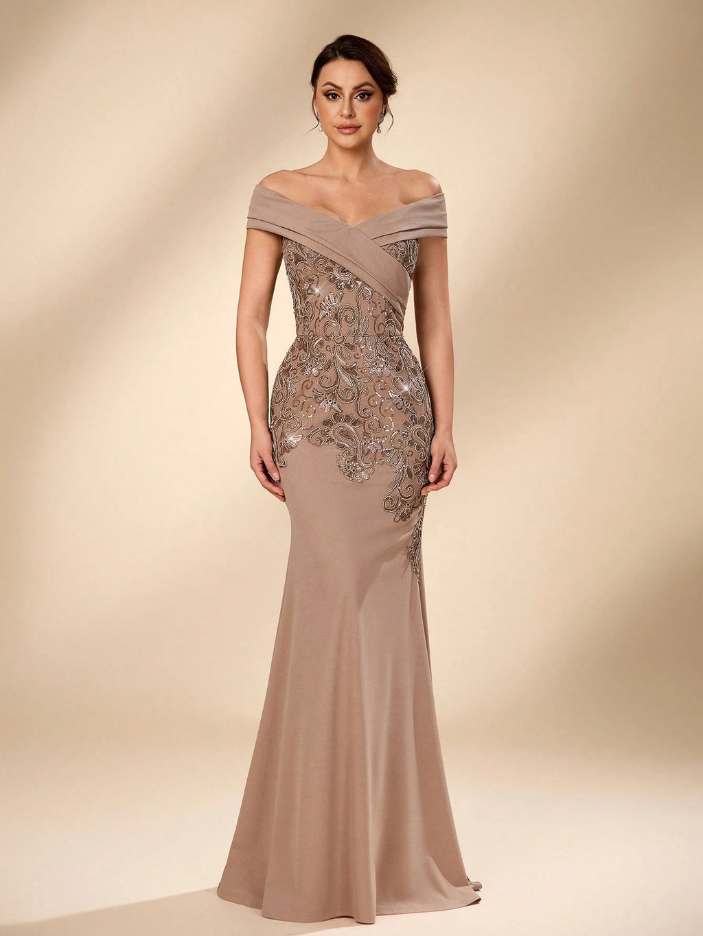 Serin Plus Size Elegant Winter Mocha Formal Evening Wedding Dress,Luxurious Beaded Embroidery Satin - image 7
