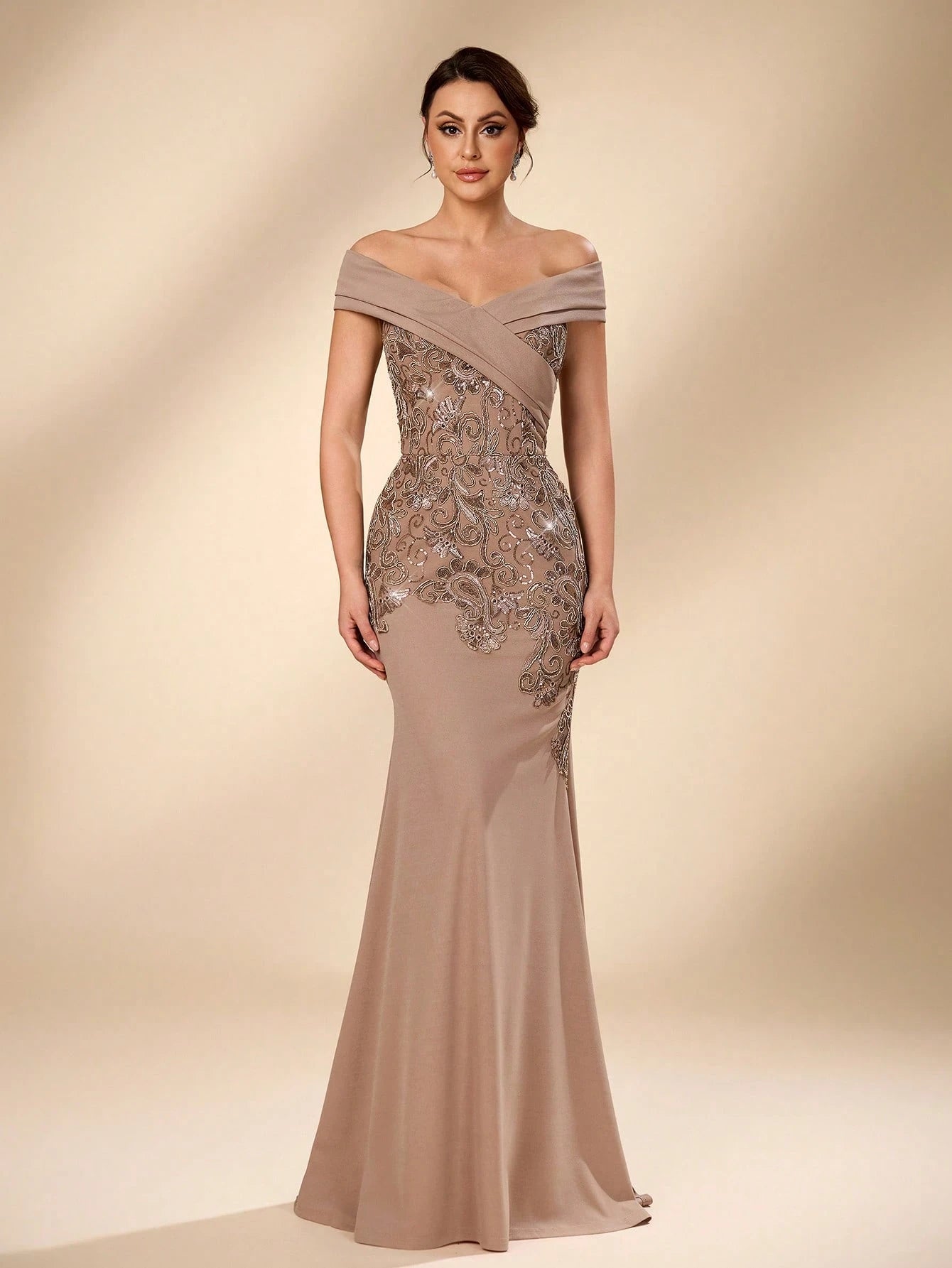 Serin Plus Size Elegant Winter Mocha Formal Evening Wedding Dress,Luxurious Beaded Embroidery Satin - image 7