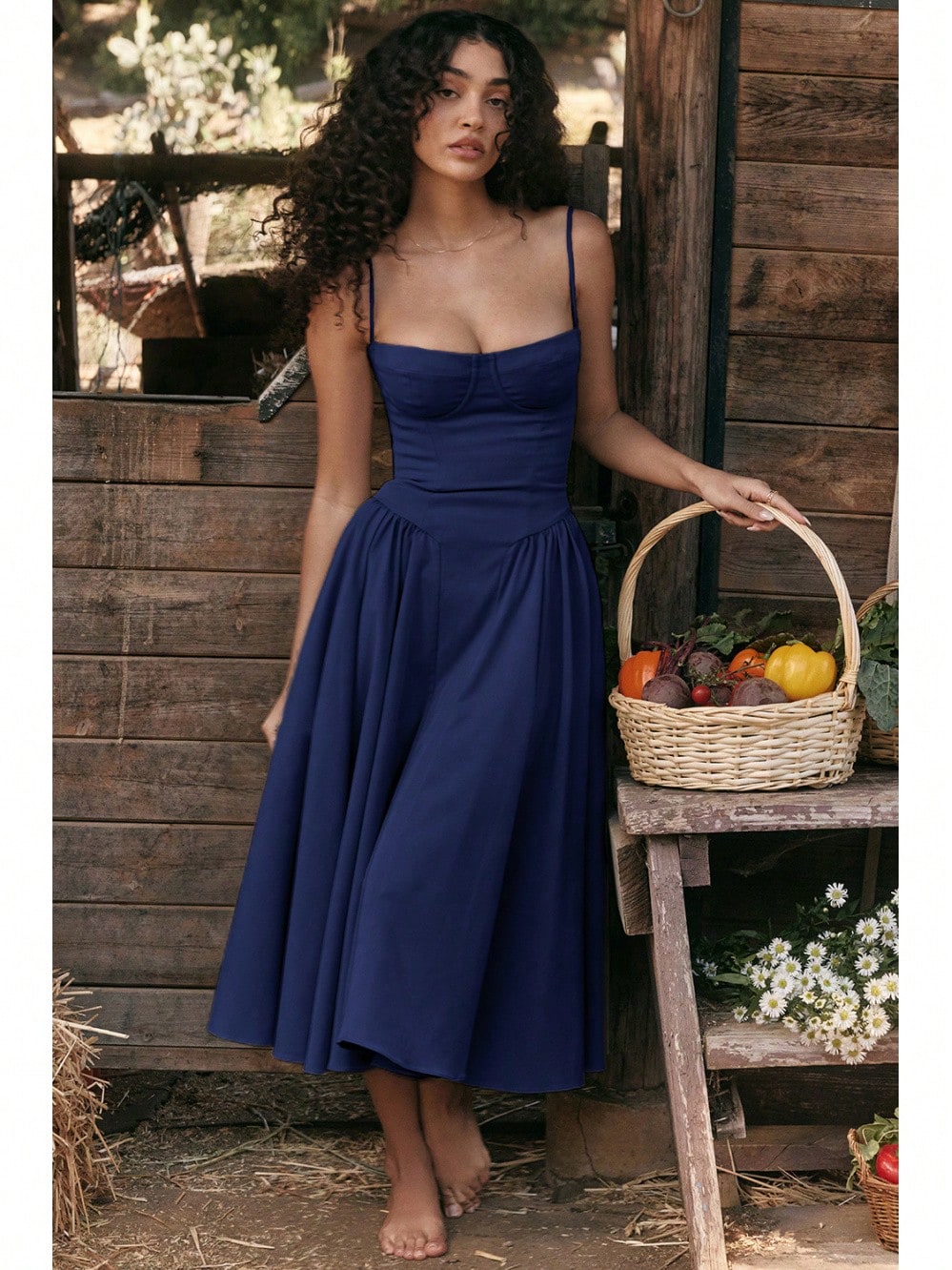 Women's Beige Corset Midi Dress, Spaghetti Strap Sweetheart Neck
