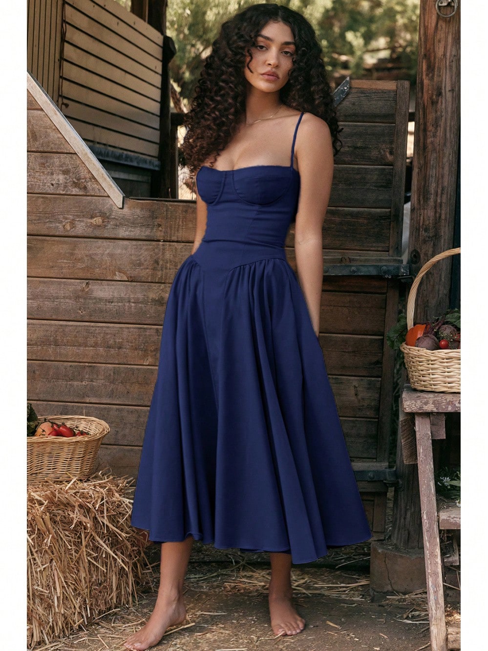 Women's Beige Corset Midi Dress, Spaghetti Strap Sweetheart Neck