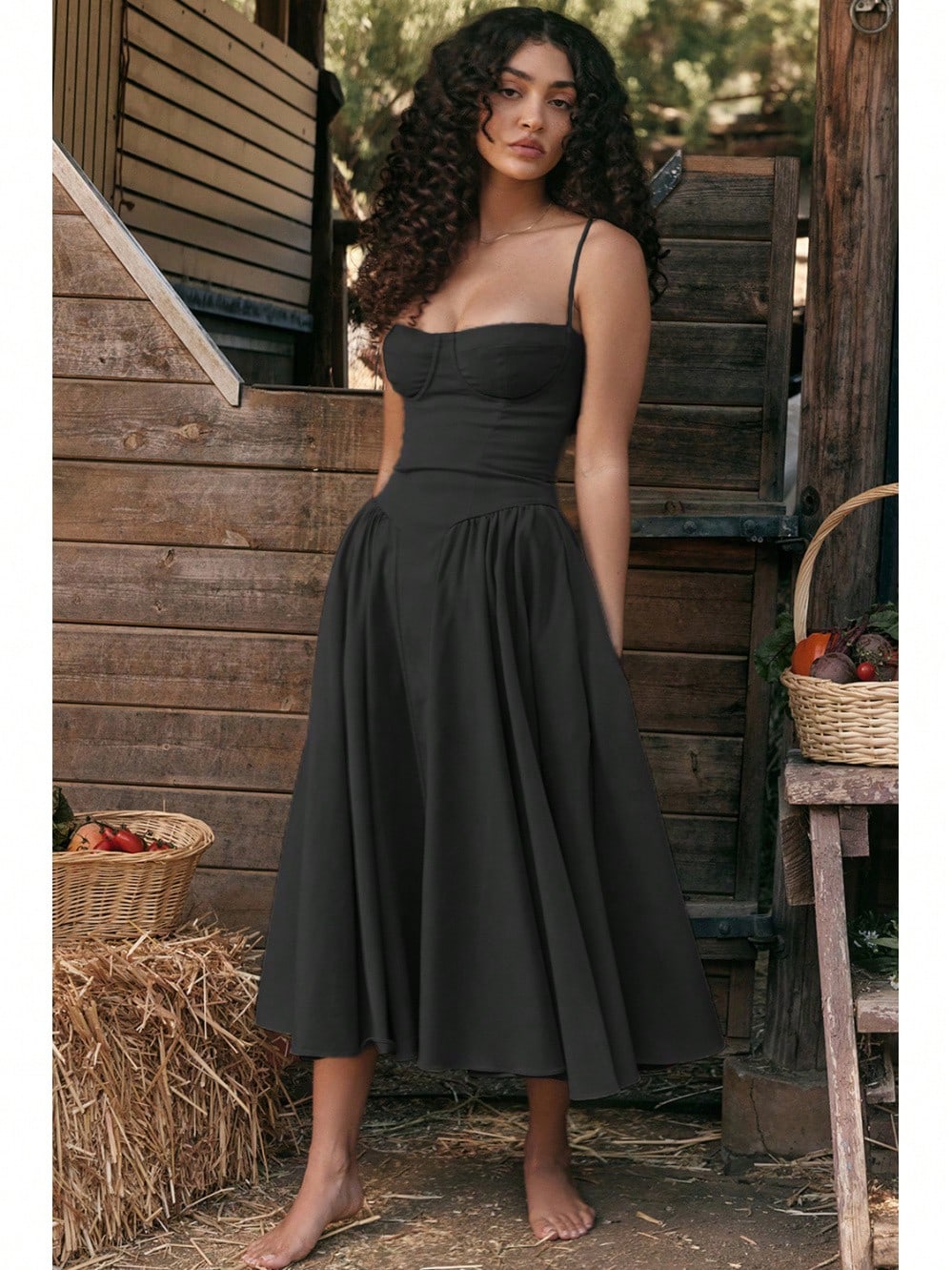 Women's Beige Corset Midi Dress, Spaghetti Strap Sweetheart Neck