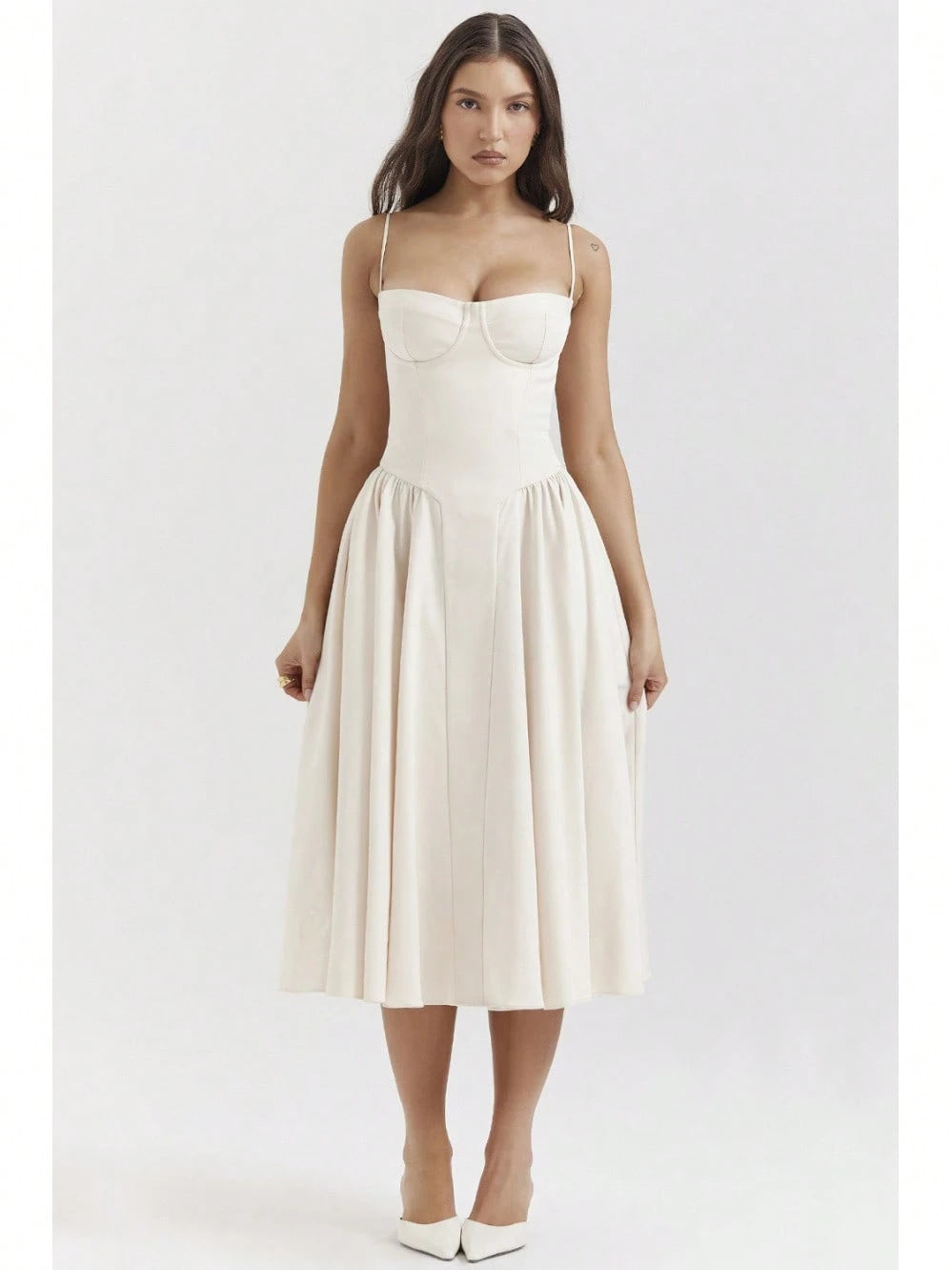 Women's Beige Corset Midi Dress, Spaghetti Strap Sweetheart Neck