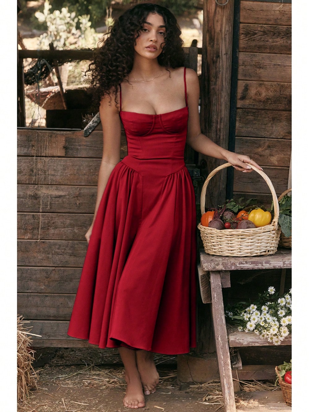 Women's Beige Corset Midi Dress, Spaghetti Strap Sweetheart Neck