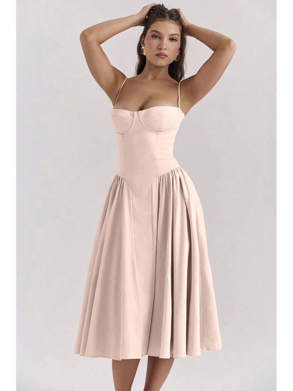 Women's Beige Corset Midi Dress, Spaghetti Strap Sweetheart Neck