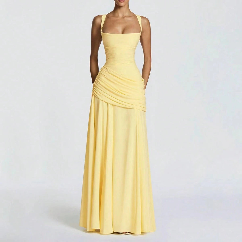 Yellow Elegant Strapless Summer Fitted Dress, Casual Backless Sleeveless Pleated Party Club Dress For Women - image 2