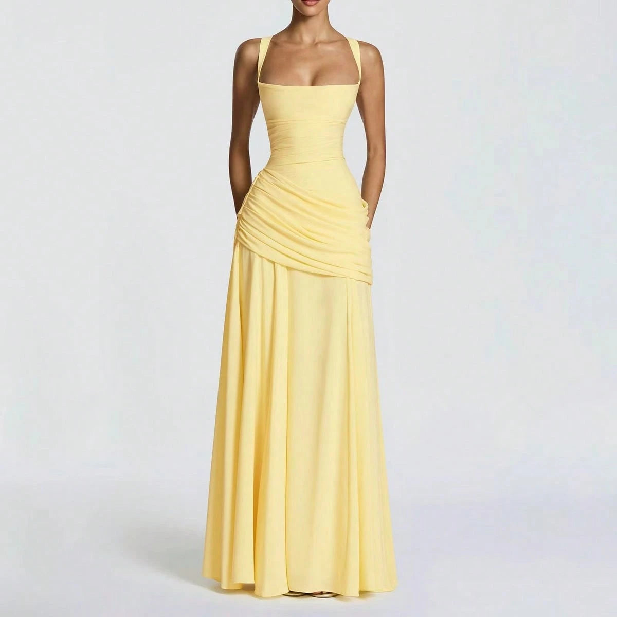 Yellow Elegant Strapless Summer Fitted Dress, Casual Backless Sleeveless Pleated Party Club Dress For Women - image 2