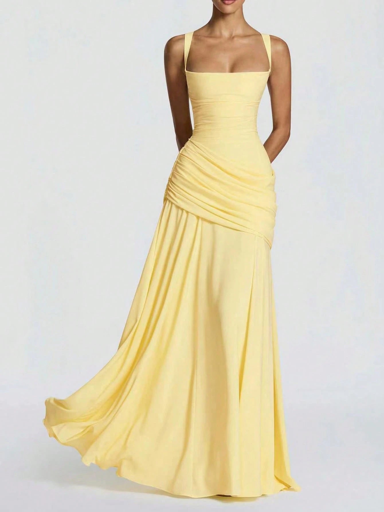 Yellow Elegant Strapless Summer Fitted Dress, Casual Backless Sleeveless Pleated Party Club Dress For Women - image 4