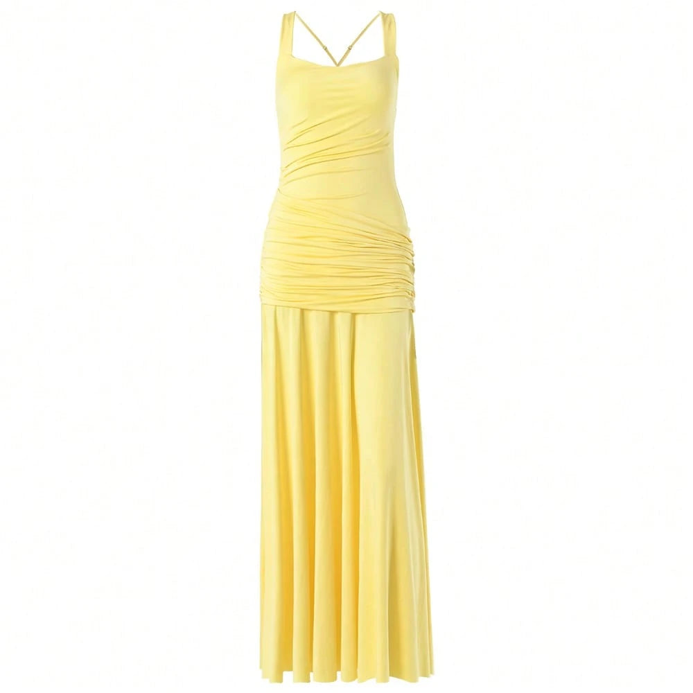 Yellow Elegant Strapless Summer Fitted Dress, Casual Backless Sleeveless Pleated Party Club Dress For Women - image 6