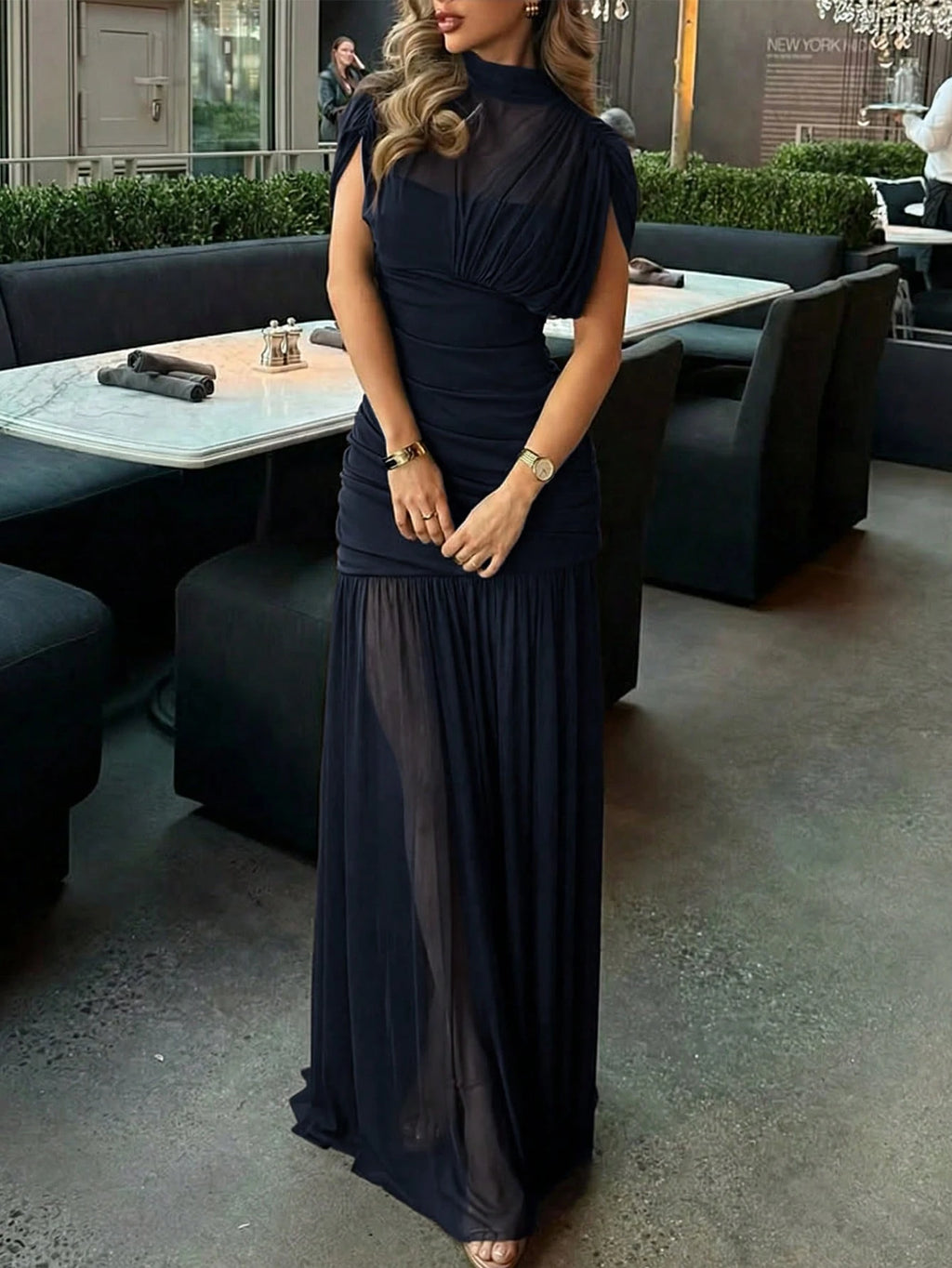 Yepolly-Pop Women Late Summer Fall Elegant Long Sleeve Maxi Dress, Mock Neck Ruched Sheer Bodycon Gown, - image 16
