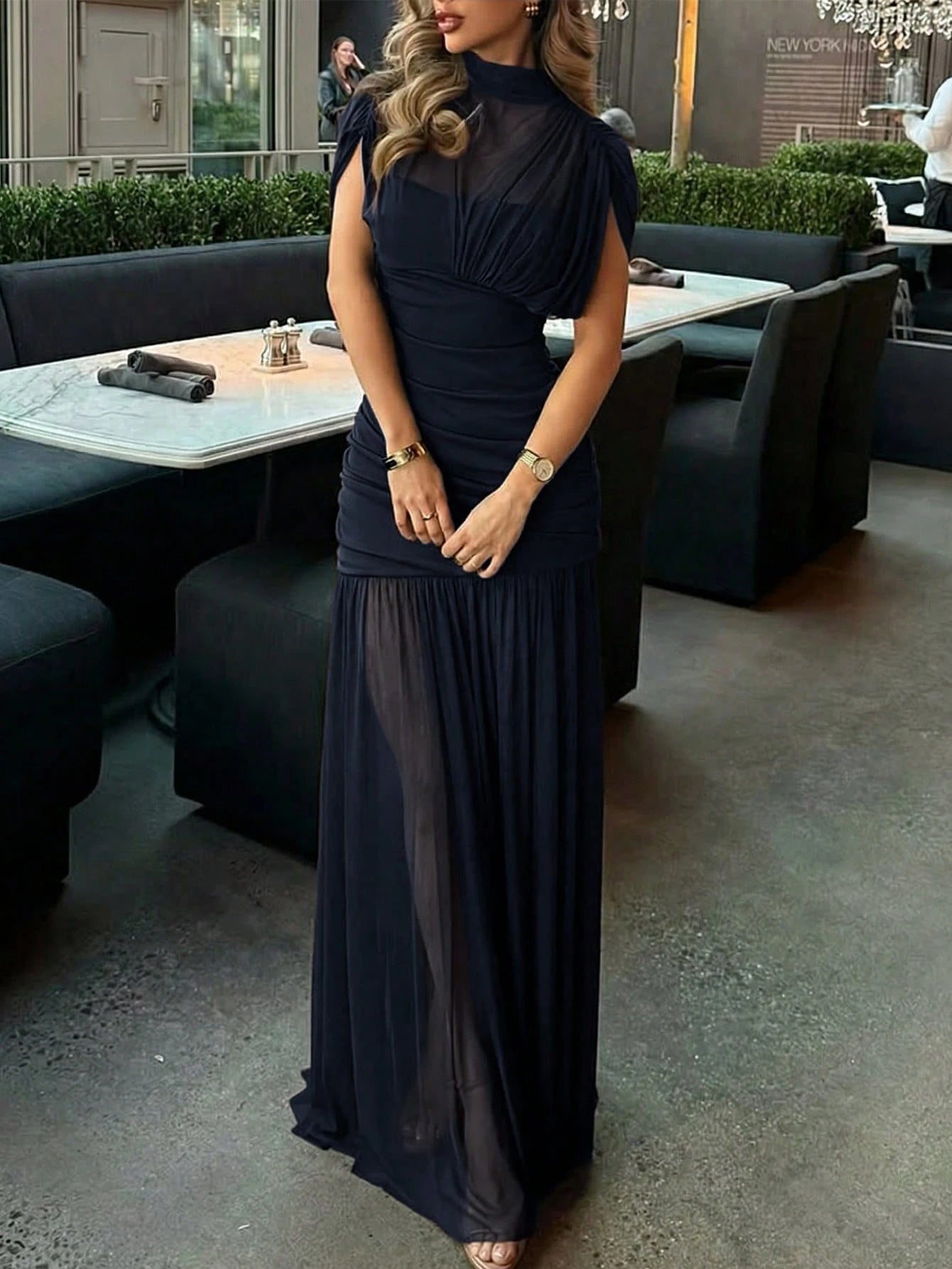 Yepolly-Pop Women Late Summer Fall Elegant Long Sleeve Maxi Dress, Mock Neck Ruched Sheer Bodycon Gown, - image 16