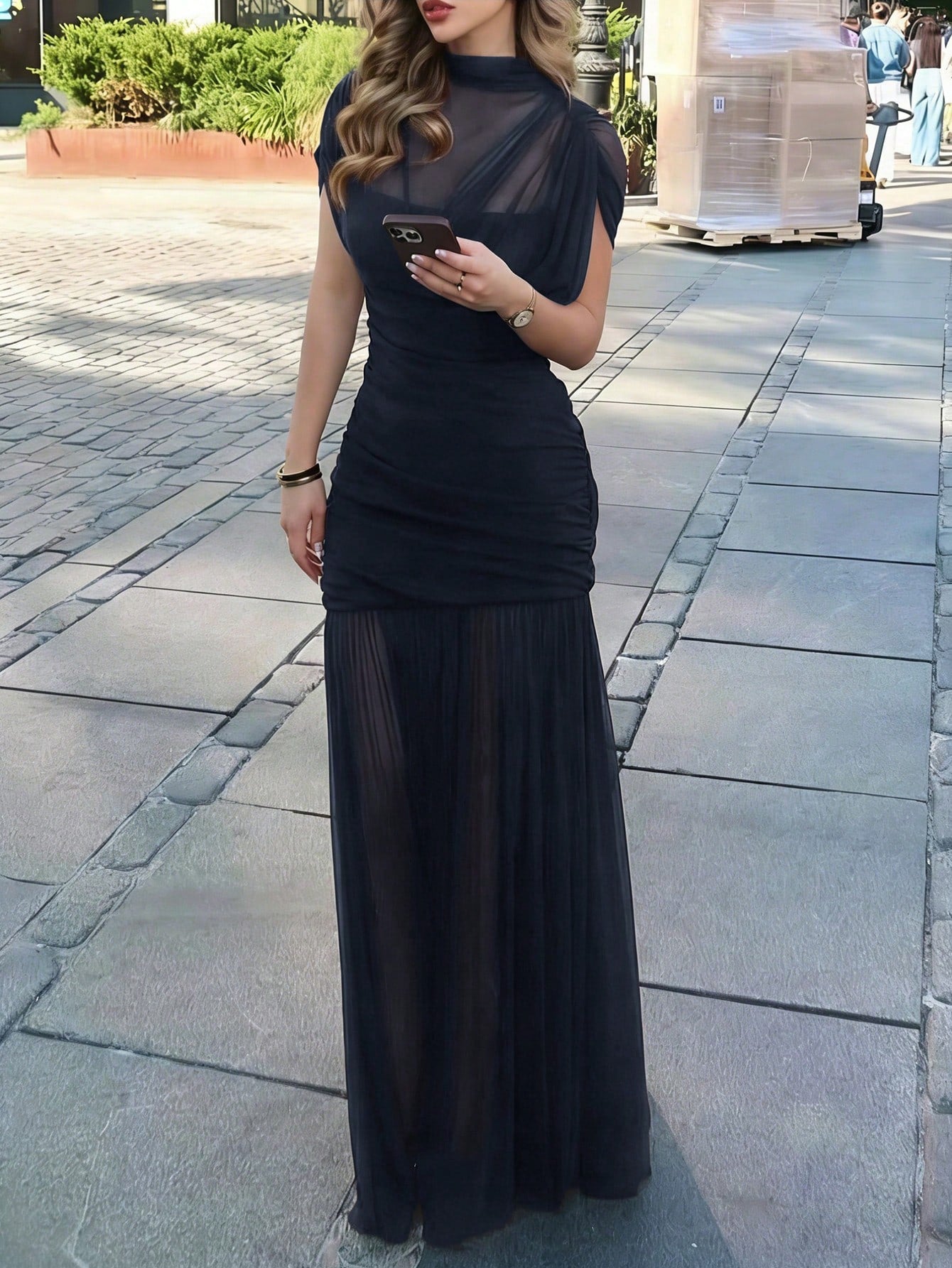 Yepolly-Pop Women Late Summer Fall Elegant Long Sleeve Maxi Dress, Mock Neck Ruched Sheer Bodycon Gown, - image 12