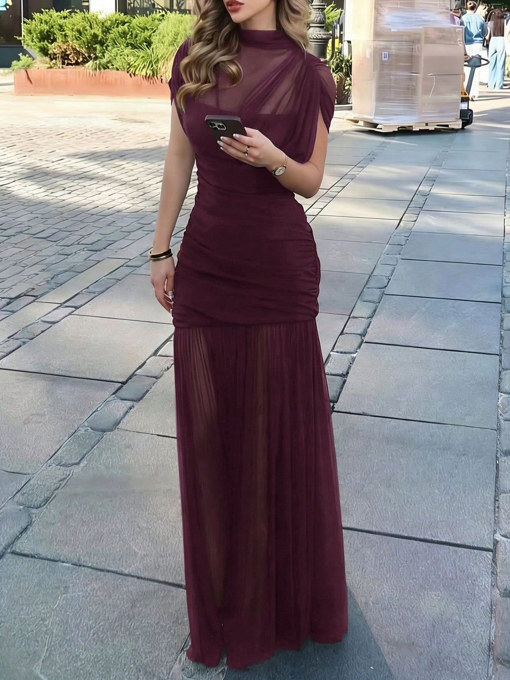 Yepolly-Pop Women Late Summer Fall Elegant Long Sleeve Maxi Dress, Mock Neck Ruched Sheer Bodycon Gown, - image 10