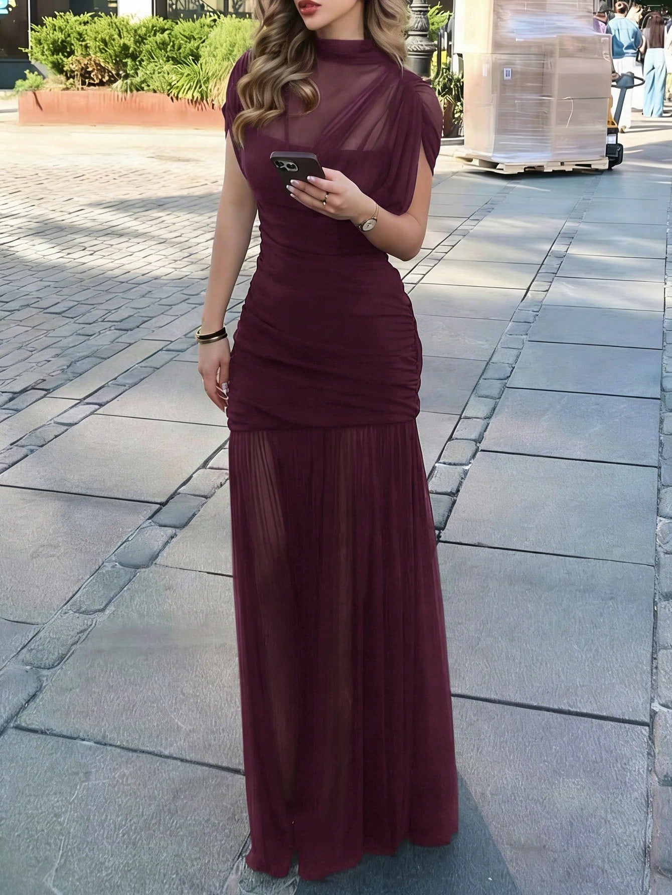 Yepolly-Pop Women Late Summer Fall Elegant Long Sleeve Maxi Dress, Mock Neck Ruched Sheer Bodycon Gown, - image 10