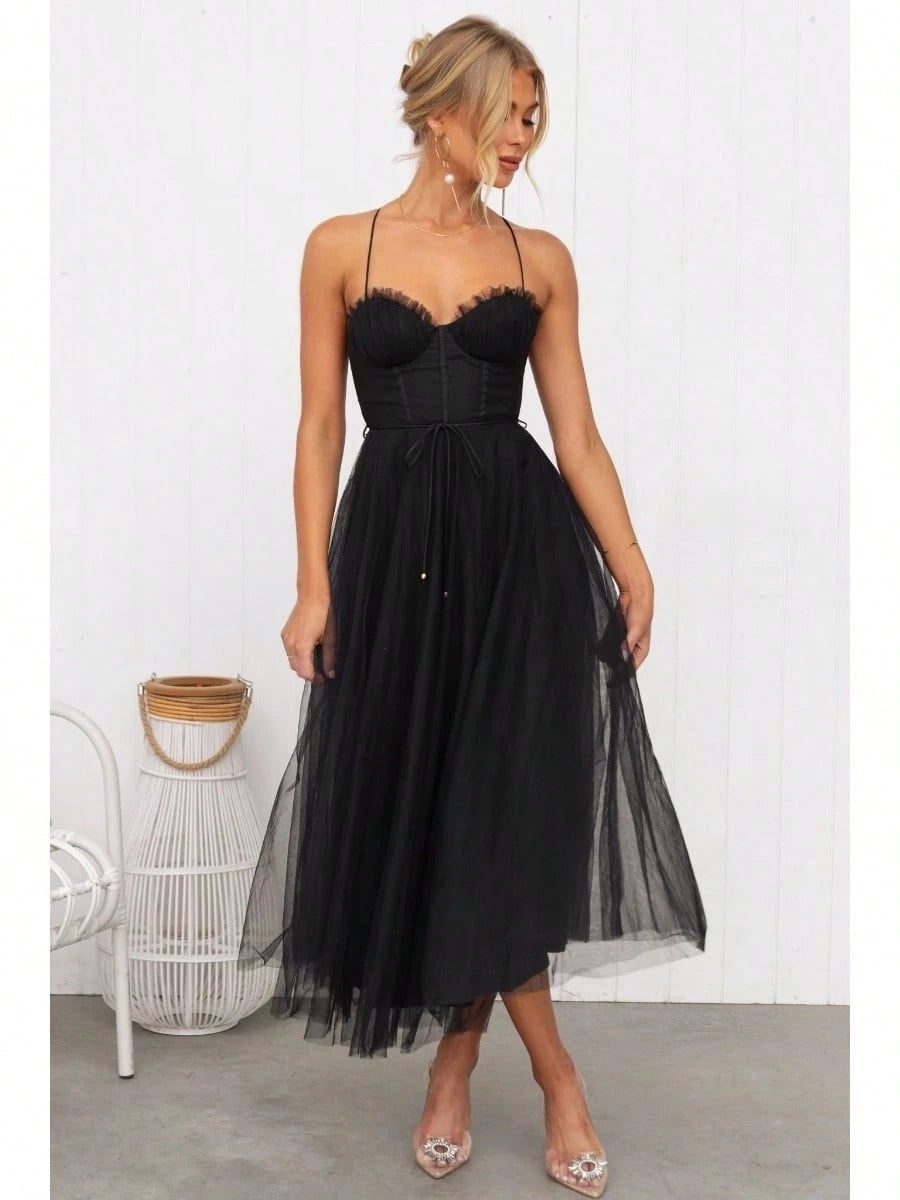 KZKZWK Cami Tulle Midi Dress With Corset Bodice, Sweetheart Neckline,