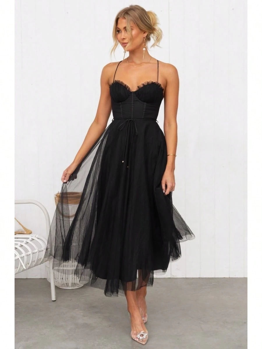 KZKZWK Cami Tulle Midi Dress With Corset Bodice, Sweetheart Neckline, Tie Waist Detail, Flared A-Line Skirt, - image 2