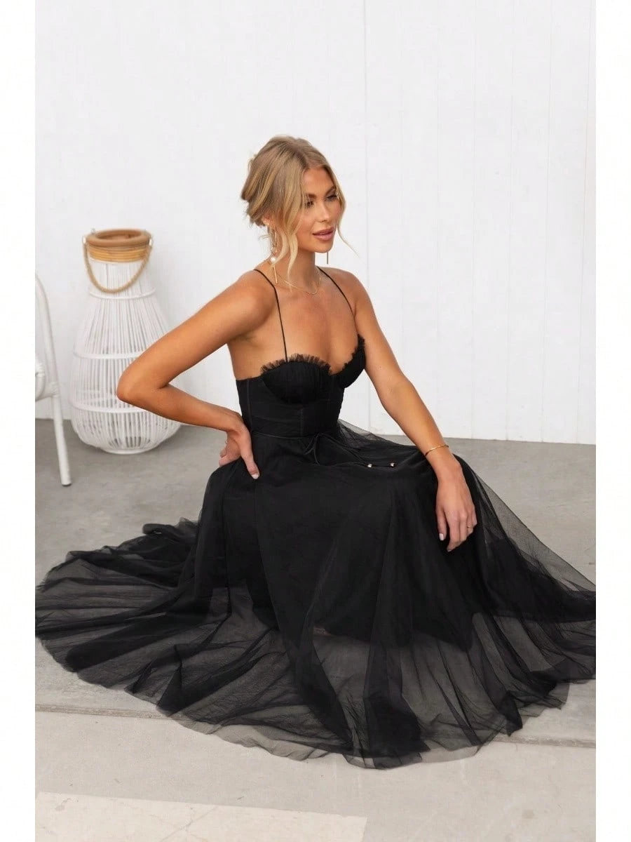 KZKZWK Cami Tulle Midi Dress With Corset Bodice, Sweetheart Neckline,