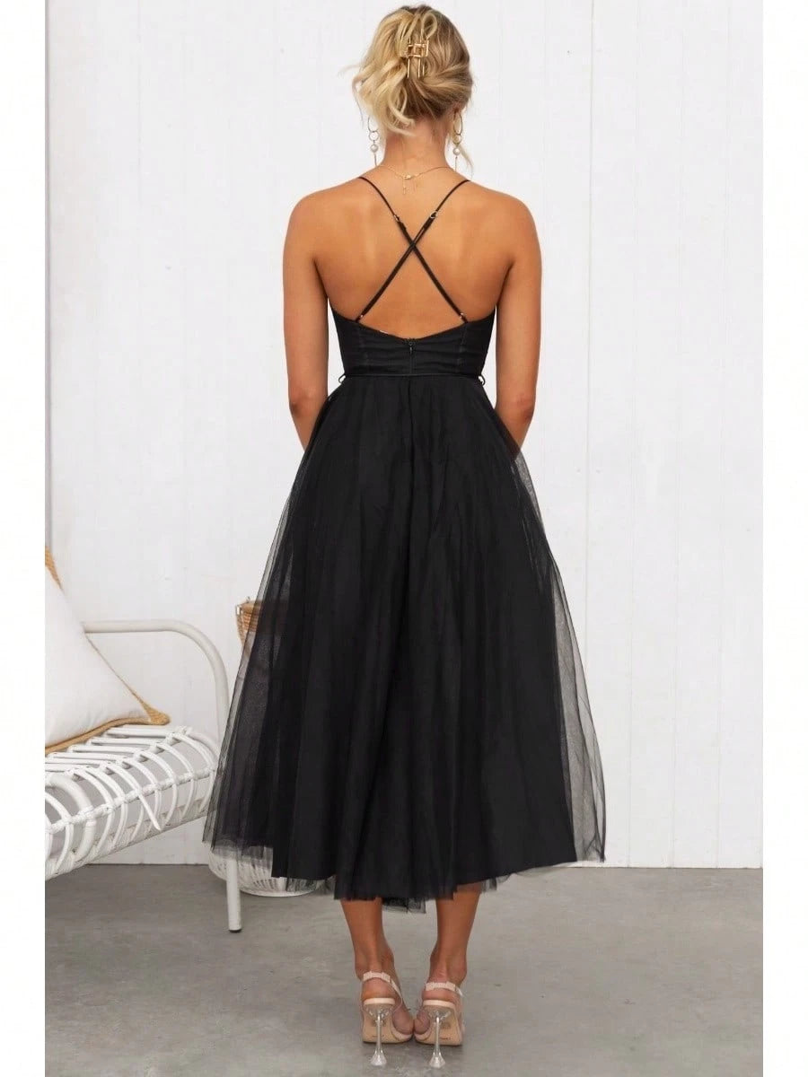 KZKZWK Cami Tulle Midi Dress With Corset Bodice, Sweetheart Neckline, Tie Waist Detail, Flared A-Line Skirt, - image 4