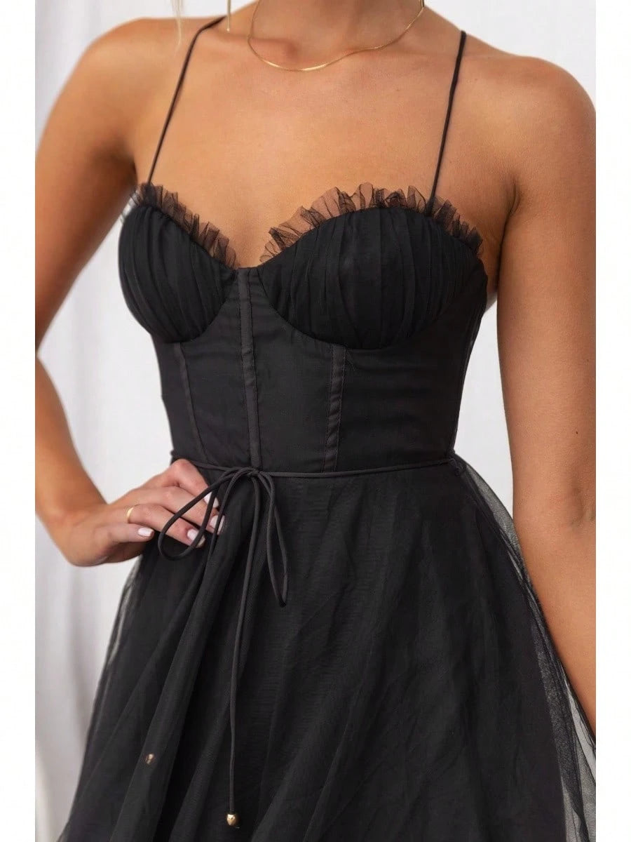 KZKZWK Cami Tulle Midi Dress With Corset Bodice, Sweetheart Neckline,