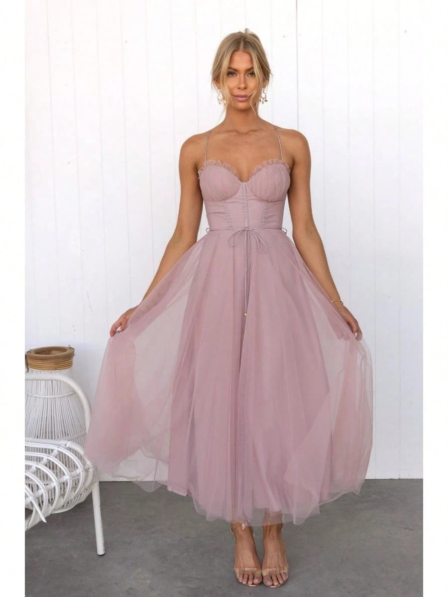 KZKZWK Cami Tulle Midi Dress With Corset Bodice, Sweetheart Neckline,