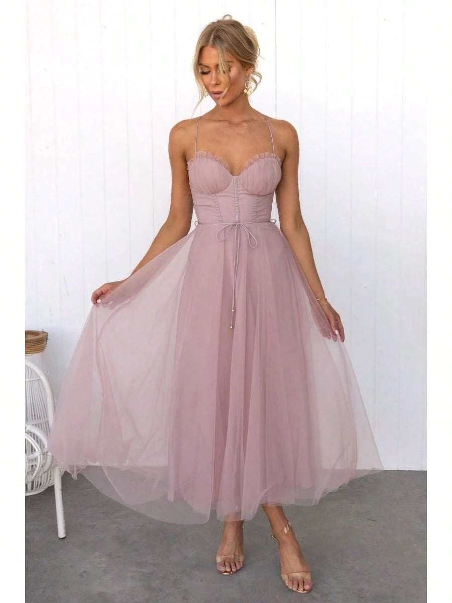 KZKZWK Cami Tulle Midi Dress With Corset Bodice, Sweetheart Neckline,
