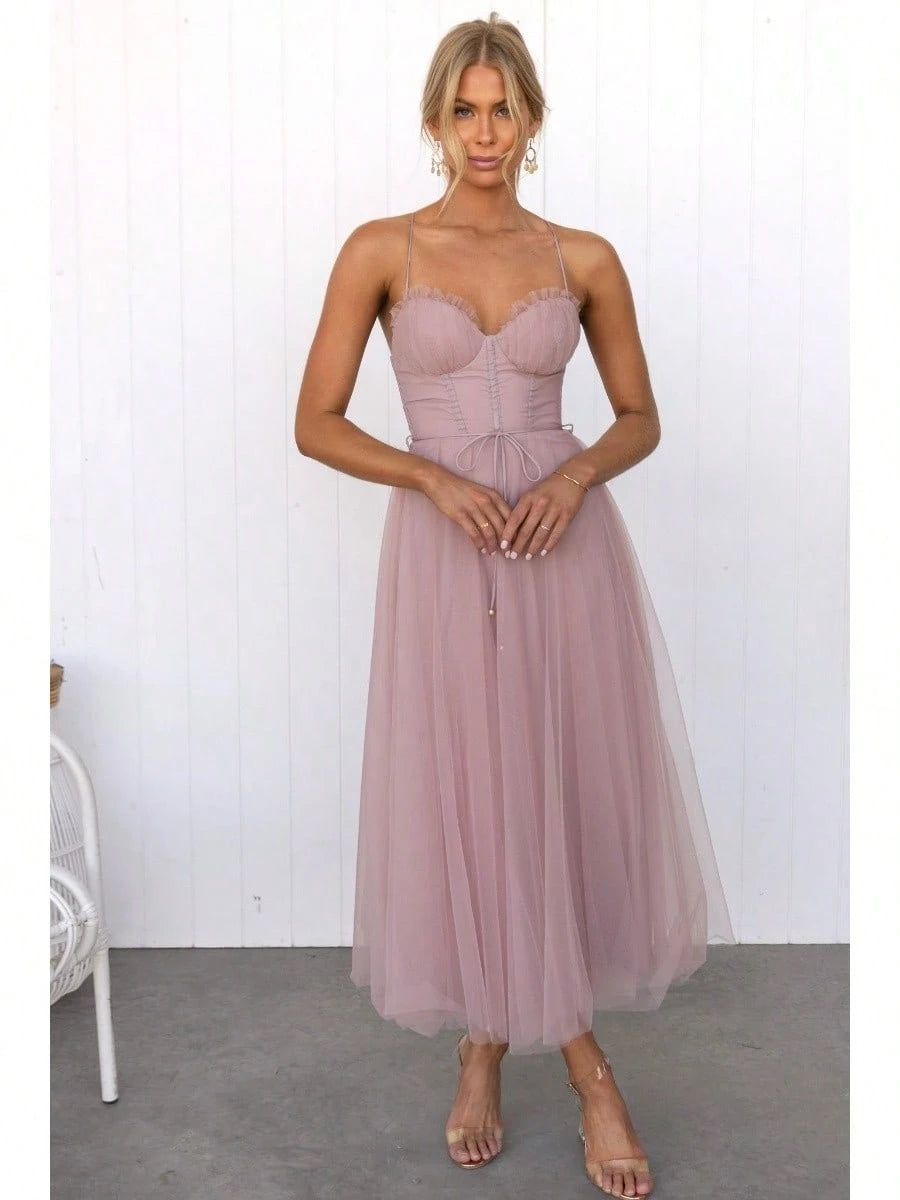 KZKZWK Cami Tulle Midi Dress With Corset Bodice, Sweetheart Neckline,