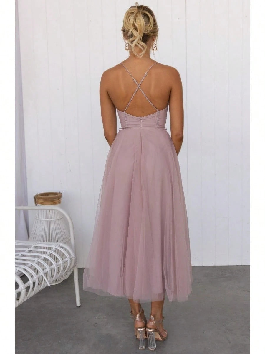 KZKZWK Cami Tulle Midi Dress With Corset Bodice, Sweetheart Neckline,