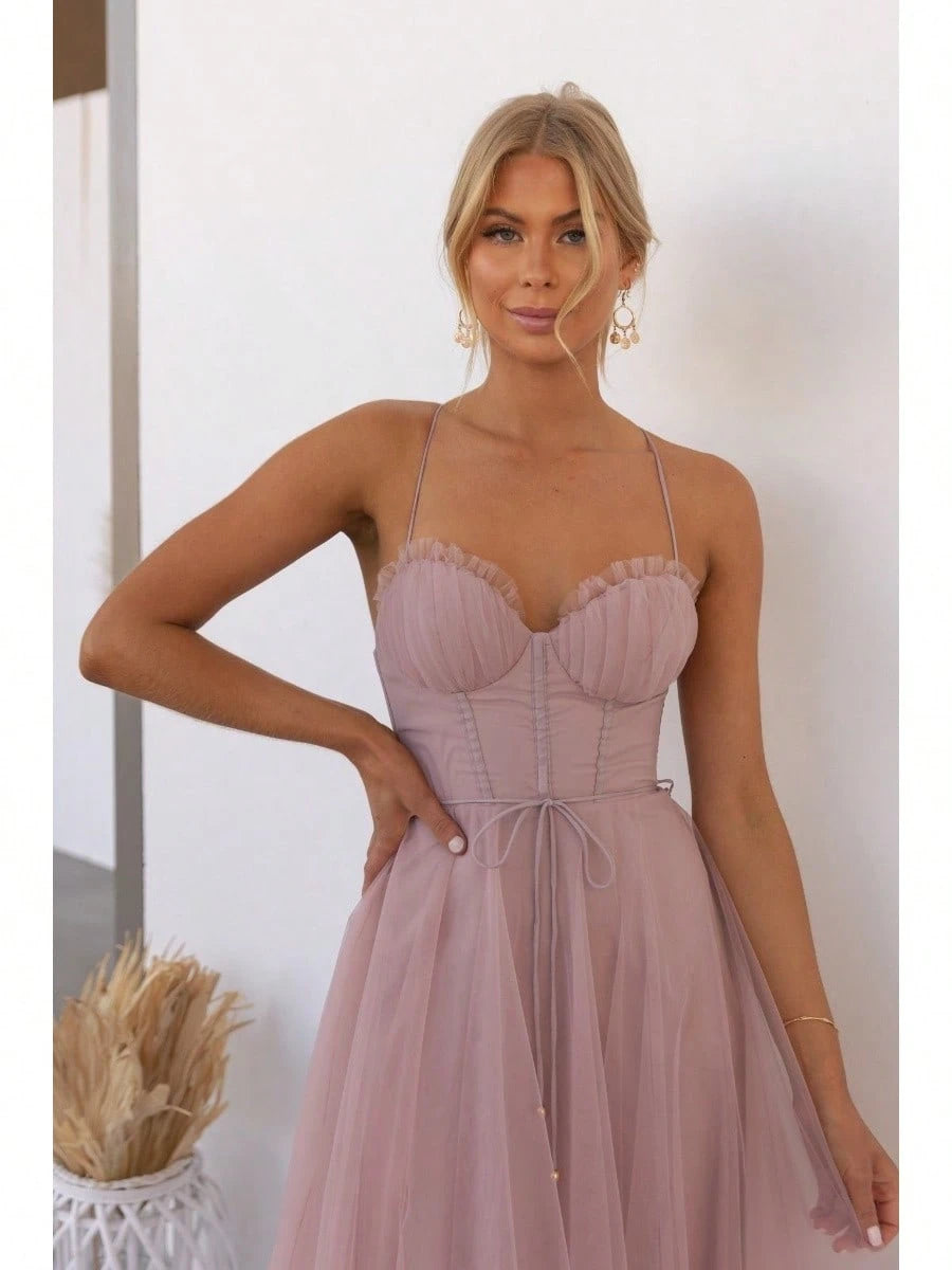 KZKZWK Cami Tulle Midi Dress With Corset Bodice, Sweetheart Neckline,