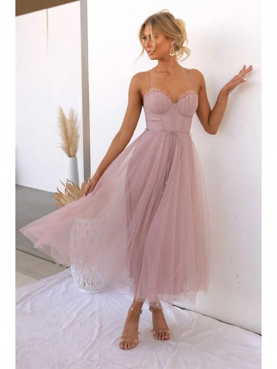 KZKZWK Cami Tulle Midi Dress With Corset Bodice, Sweetheart Neckline,