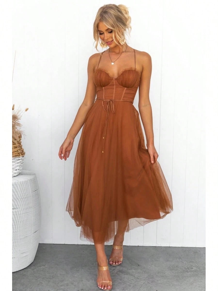 KZKZWK Cami Tulle Midi Dress With Corset Bodice, Sweetheart Neckline,