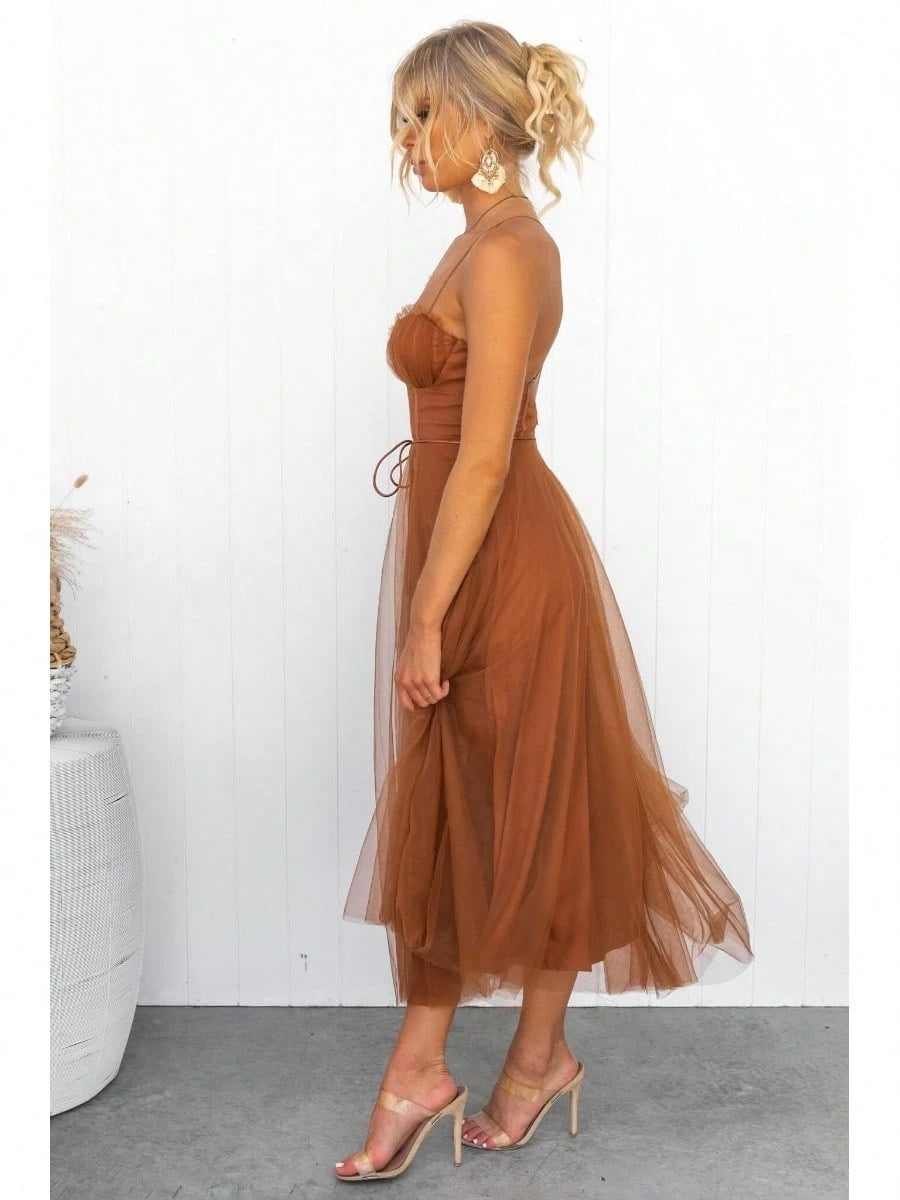 KZKZWK Cami Tulle Midi Dress With Corset Bodice, Sweetheart Neckline,
