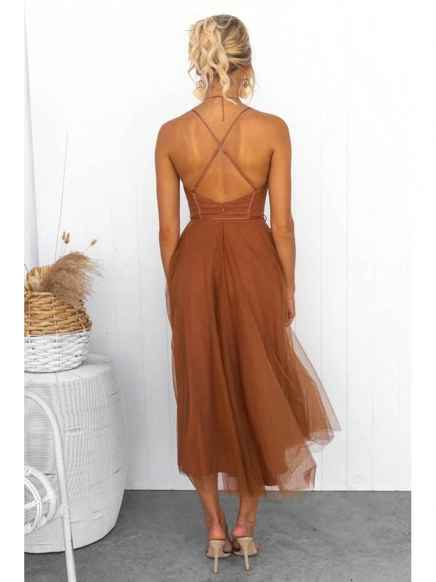 KZKZWK Cami Tulle Midi Dress With Corset Bodice, Sweetheart Neckline,