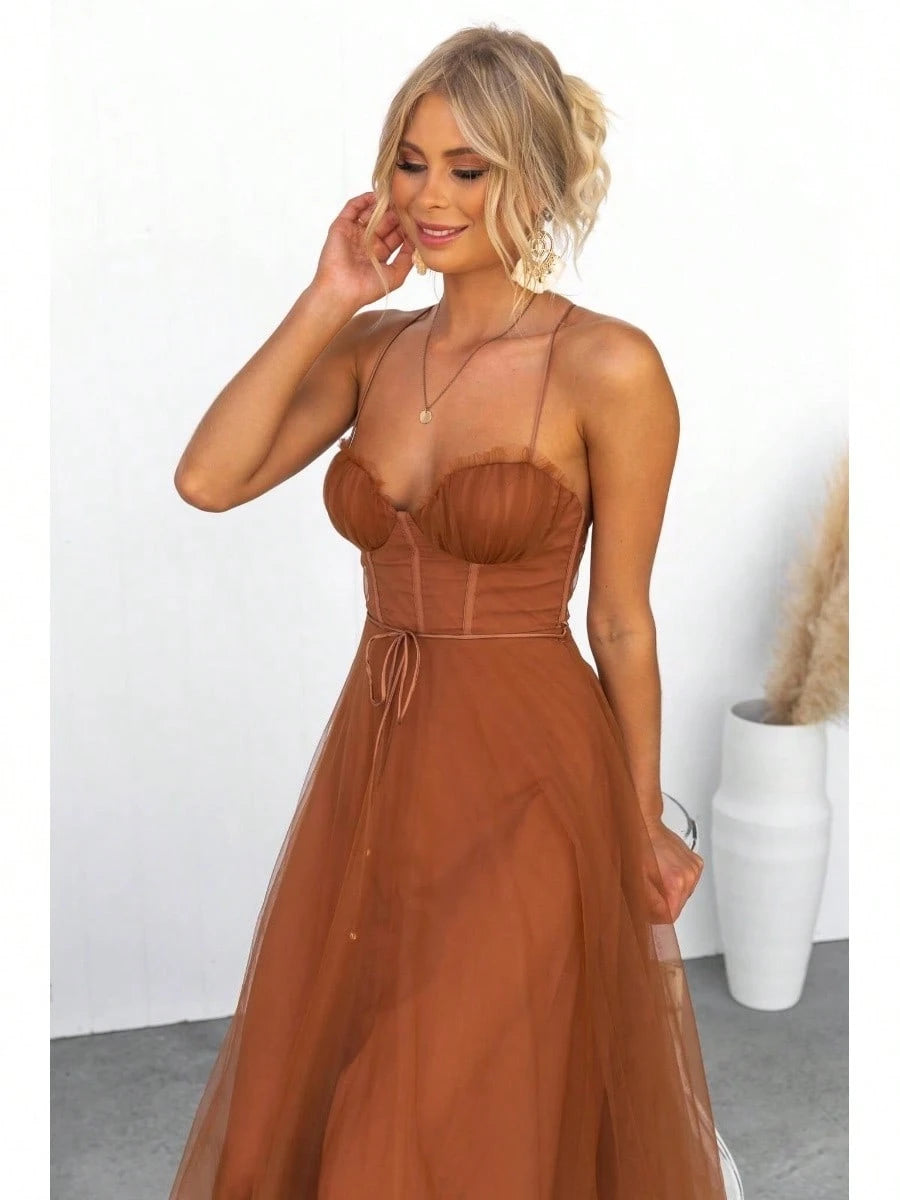 KZKZWK Cami Tulle Midi Dress With Corset Bodice, Sweetheart Neckline,
